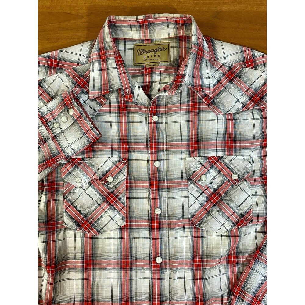 Wrangler Retro Pearl Snap Shirt Mens M Red Plaid Sawtooth Pocket Premium Western